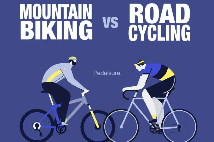 Illustration comparing mountain biking vs road cycling. A cyclist on a rugged bike faces a cyclist on a sleek road bike.