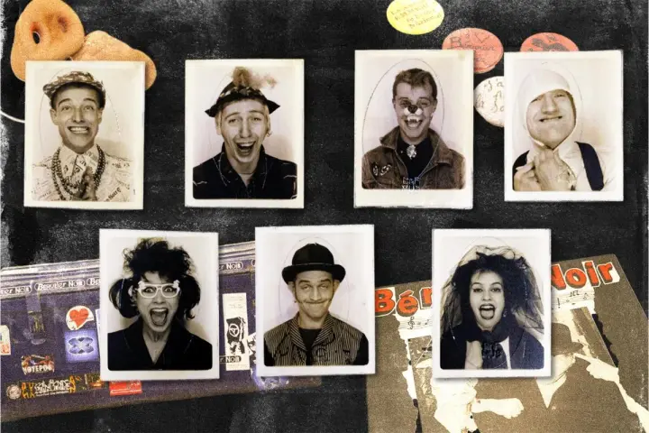 Portraits des membres de Bérurier Noir, certains grimés, sur un fond sombre avec des éléments graphiques.