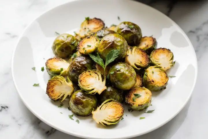 Knuspriger rosenkohl im airfryer, leicht gebräunt und mit Petersilie bestreut, auf einem weißen Teller serviert.