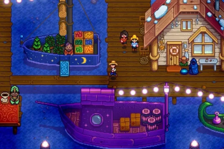 Un muelle de Stardew Valley con barcos, un puesto de comercio y personajes. ¡Una guía visual para tus aventuras!