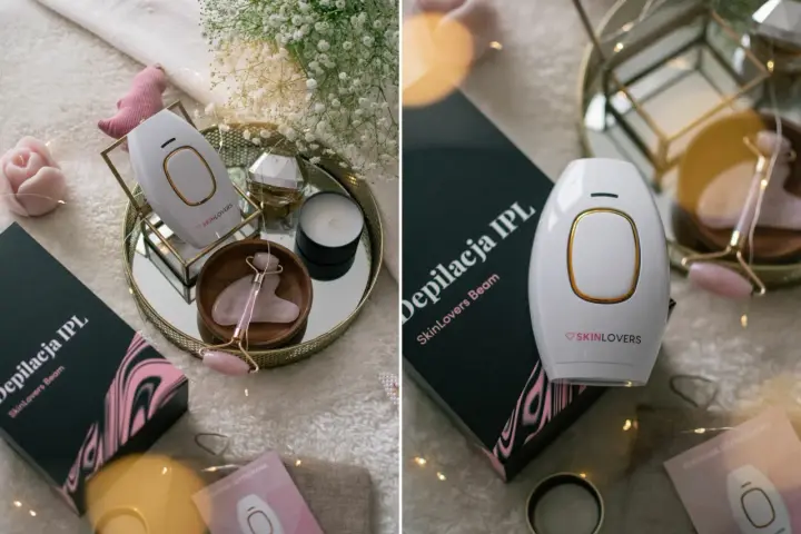 Biały depilator IPL SkinLovers, różowy masażer do twarzy i świeca tworzą luksusowy zestaw. Opinie o skino depilator są pozytywne.