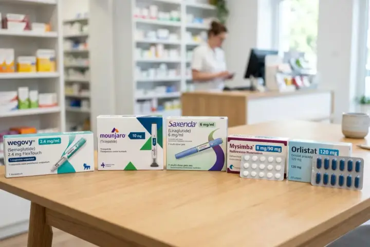 Leki na otyłość: Wegovy, Mounjaro, Saxenda, Mysimba, Orlistat na stole w aptece.