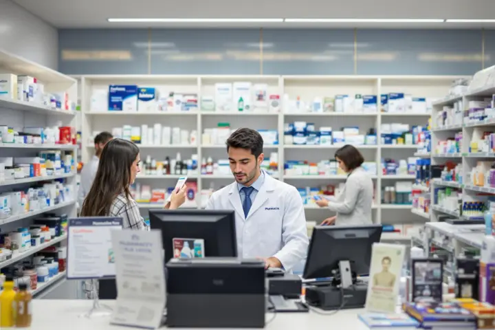 Farmaceuta w białym fartuchu obsługuje klienta, a w tle widać półki z lekami. To praca, która może przynieść dobre zarobki.
