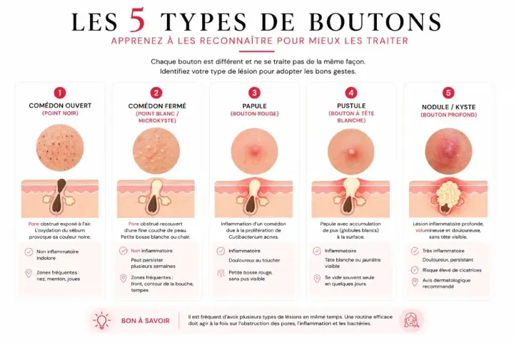 Les 5 types de boutons : comédon, papule, pustule, nodule/kyste. Apprenez à les reconnaître pour mieux les traiter et savoir comment enlever l'acné en une nuit.