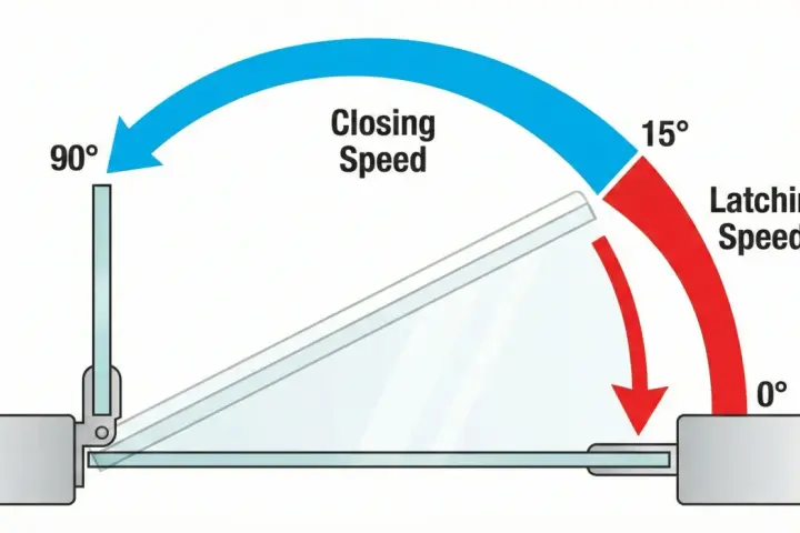 Illustration du réglage ferme porte : vitesse de fermeture (90° à 15°) et vitesse d'enclenchement (15° à 0°).