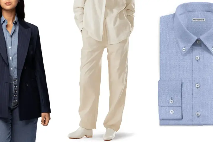 Traje a rayas azul marino, conjunto beige y camisa azul claro. La moda andrógina significa libertad de expresión.