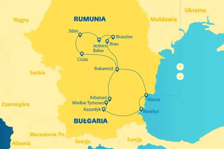 Mapa turystyczna Rumunii i Bułgarii z zaznaczonymi trasami przez góry i miasta. Widoczne lotniska na Morzu Czarnym.