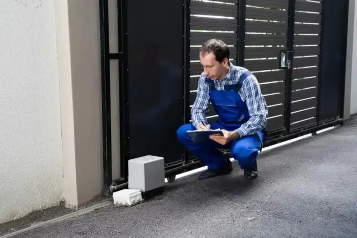 Un technicien vérifie le passage de gaine pour portail coulissant, prenant des notes sur son carnet.