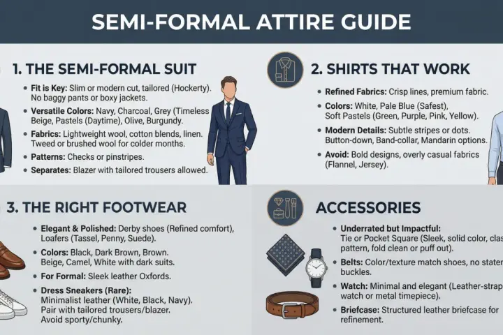 Guía de dress code semi-formal: trajes, camisas, calzado y accesorios para un estilo impecable.