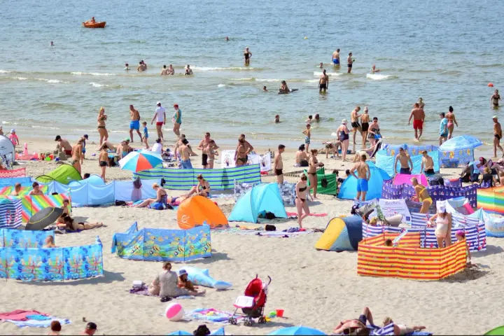 Wczasy pod gruszą na zatłoczonej plaży. Ludzie kąpią się w morzu, opalają na piasku i odpoczywają pod kolorowymi parawanami.