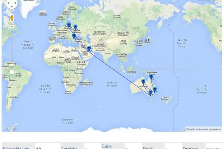 Trasa lotnicza z Europy do Australii. Zobacz, ile się leci do Australii, pokonując 40537 km.