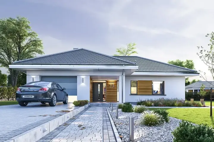 Nowoczesny bungalow z garażem, podjazdem i zadbanym ogrodem. Elegancka bryła, jasna elewacja i drewniane detale.