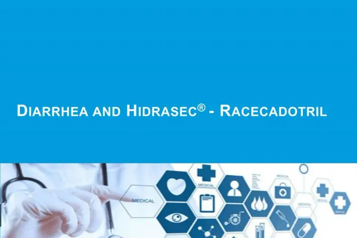 Lekarz w rękawiczce wskazuje na ikonki medyczne, obok napis "DIARRHEA AND HIDRASEC® - RACECADOTRIL".
