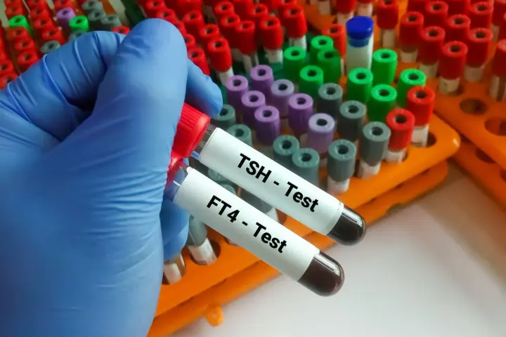 Ręka w niebieskiej rękawiczce trzyma probówki z oznaczeniami TSH i FT4 - Test. To kluczowe badania do oceny funkcji tarczycy.