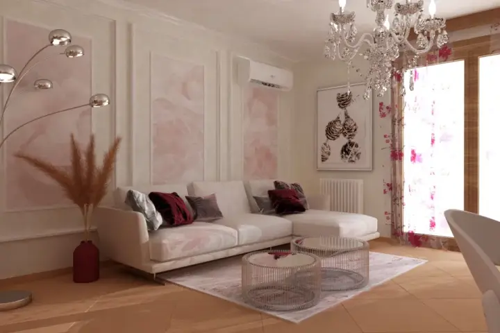 Salotto elegante con divano bianco, tappeto rosa antico, lampadario scintillante e tende floreali.