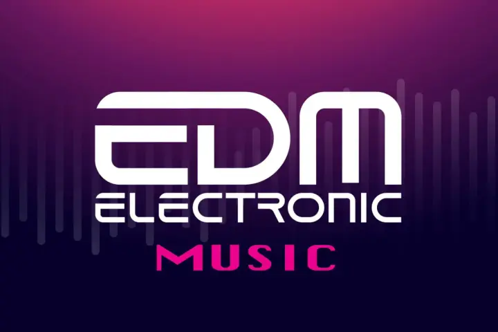 Logo mit "EDM ELECTRONIC MUSIC" in Weiß und Pink vor einem lila Hintergrund mit vertikalen Linien.