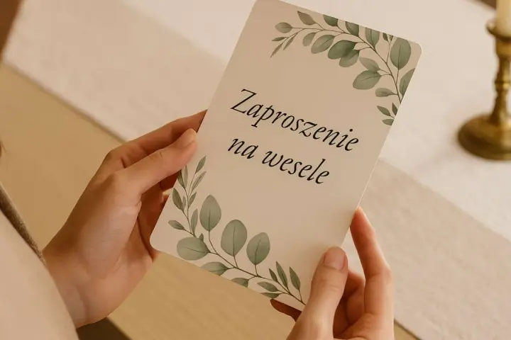 Eleganckie zaproszenie na wesele z motywem liści. Szukasz sposobu, jak sformułować zaproszenie na wesele bez dzieci bez urazy gości?