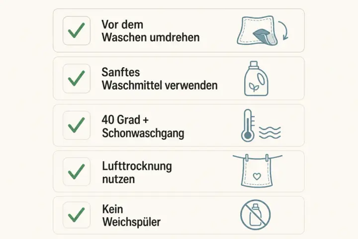 Pflegehinweise: Kleidung umdrehen, sanftes Waschmittel, 40 Grad im Schonwaschgang, lufttrocknen, kein Weichspüler.