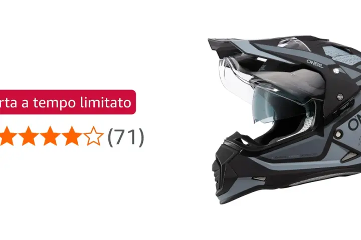 Casco O'Neal Sierra grigio e nero, con visiera trasparente e grafica moderna. Ideale per avventure off-road.
