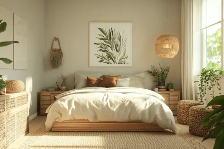 Helles, natürliches Schlafzimmer im Boho-Stil. Die sanften Erdtöne und Pflanzen schaffen eine harmonische feng shui schlafzimmer farbe Atmosphäre.