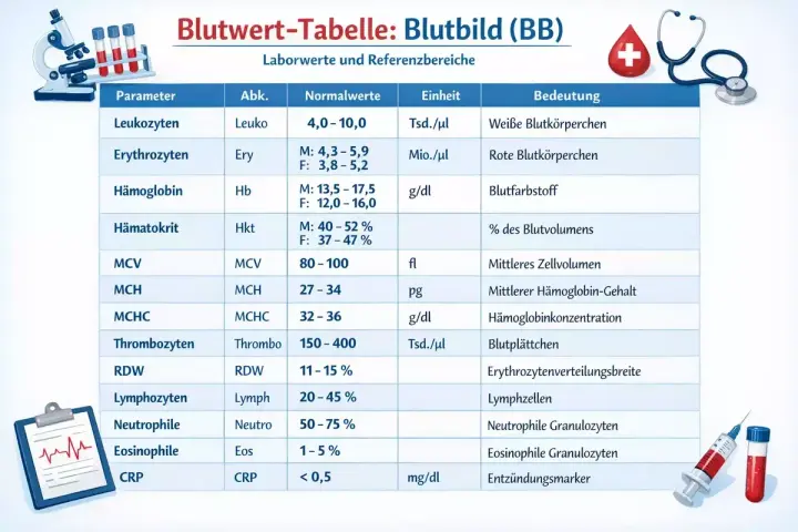 Blutbild-Tabelle: Erythrozyten wert (rote Blutkörperchen) mit Normalwerten und Bedeutung. Laborwerte für ein Blutbild.