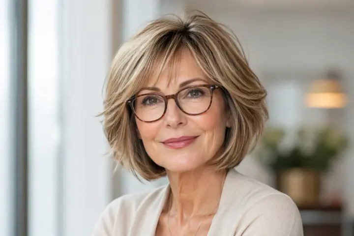 Eine Frau mit einem stufig fransigen Bob, gestuft ab 50, trägt eine Brille und lächelt sanft.