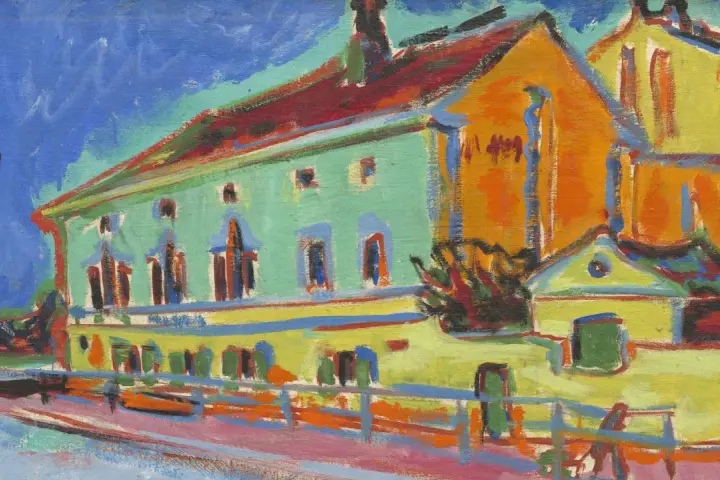 Une maison aux couleurs vives, typique de l'expressionnisme allemand, avec un ciel bleu intense et des touches de rouge, jaune et vert.