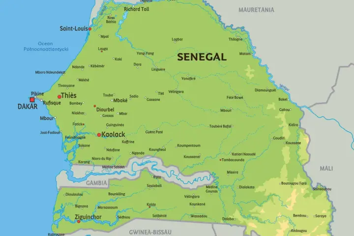Mapa polityczna Senegalu, gdzie jest Senegal, z zaznaczonymi miastami jak Dakar, Saint-Louis i Ziguinchor.