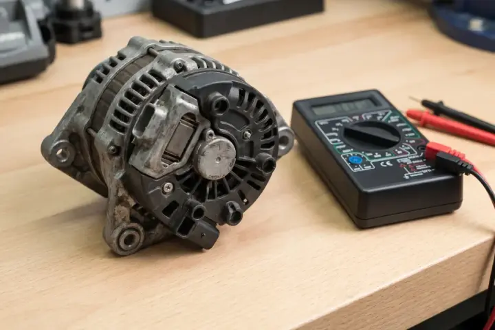 Uszkodzony regulator napięcia objawy: alternator i multimetr na drewnianym stole.