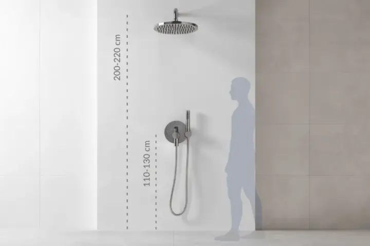 Wysokość baterii prysznicowej: deszczownica 200-220 cm, panel sterujący 110-130 cm. Sylwetka pokazuje idealne dopasowanie.