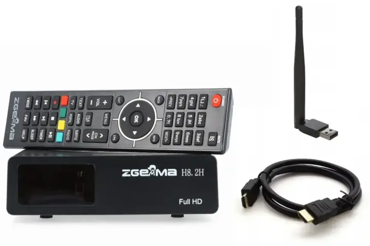 Zestaw do telewizji satelitarnej: dekoder, pilot, kabel HDMI i antena Wi-Fi.