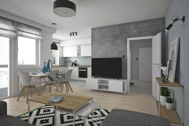 Nowoczesna aranżacja mieszkania w bloku 48m2: salon z aneksem kuchennym, jadalnia, TV, stolik kawowy, wygodna sofa.