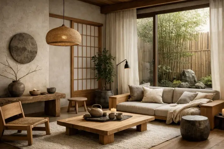 Soggiorno in stile Japandi con divano, tavolino basso in legno, sedia in paglia e vista su un giardino zen.