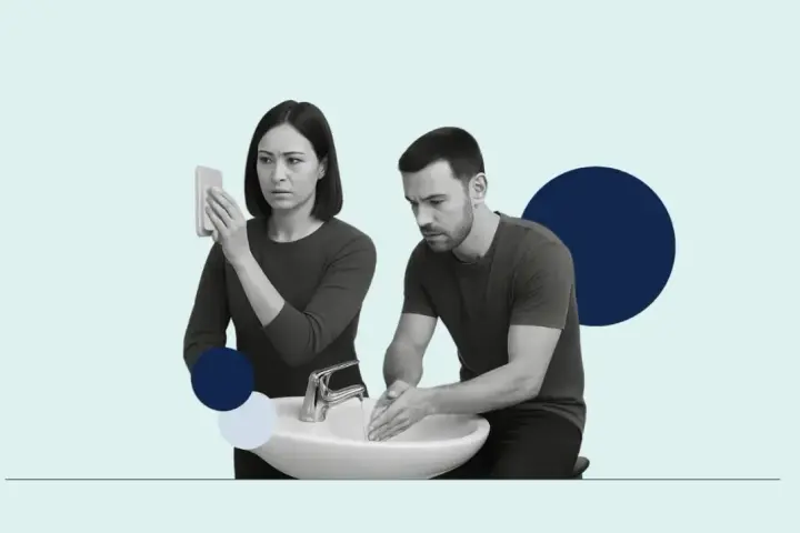 Para, która martwi się o higienę, pokazuje, jak wygląda OCD. Mężczyzna myje ręce, kobieta dezynfekuje telefon.
