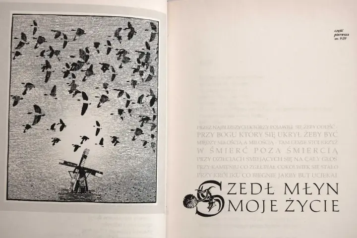 Ilustracja do wiersza Jana Twardowskiego: wiatrak i stado ptaków w locie. "Zedł młyn moje życie".