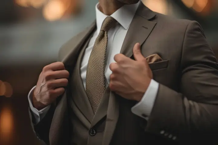 Uomo in abbigliamento business formal marrone, con camicia bianca e cravatta a trama.