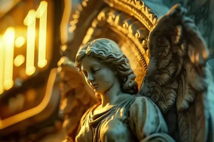 Kamienna rzeźba anioła, w tle świecące "11:11", symbolizujące 444 znaczenie i duchowe przebudzenie.