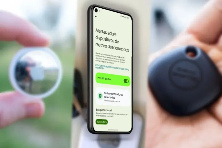 Teléfono muestra cómo activar "Encontrar mi dispositivo" para alertas de rastreo. Un localizador en mano.