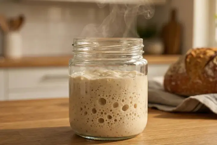 Blubbernder Sauerteig im Glas, der nach Essig riecht, dampft leicht. Daneben liegt ein frisch gebackenes Brot.