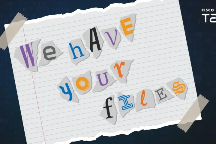 Przykłady ransomware: porwana kartka z napisem "We have your files" na tle kodu binarnego.
