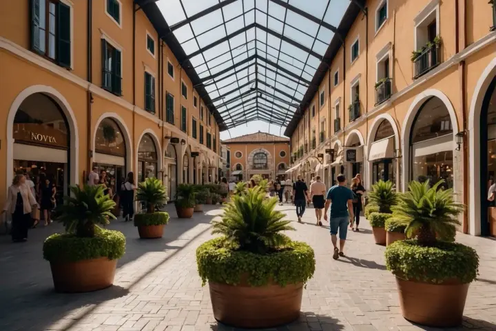 Passeggiata in una via dello shopping a Venezia, con portici, negozi e piante in vaso sotto un tetto di vetro.