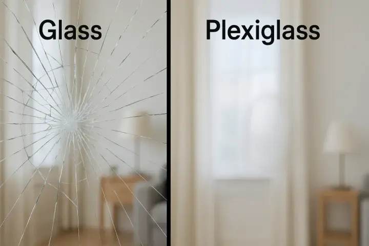 Split image shows cracked glass on left, and intact plexiglass on right. Considering plexiglass for a window?