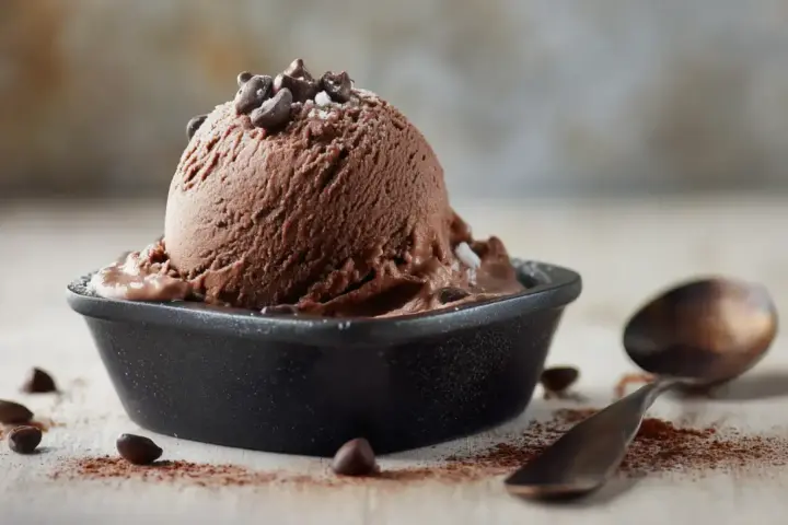 Ein Löffel Simons Eis, schokoladig und cremig, wartet neben Kakaopulver und Schokostückchen auf den Genuss.