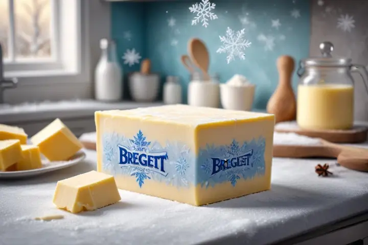 En stor bit Bregott ligger på ett snöigt köksbord. Frågan är: kan man frysa bregott? Snöflingor faller i bakgrunden.