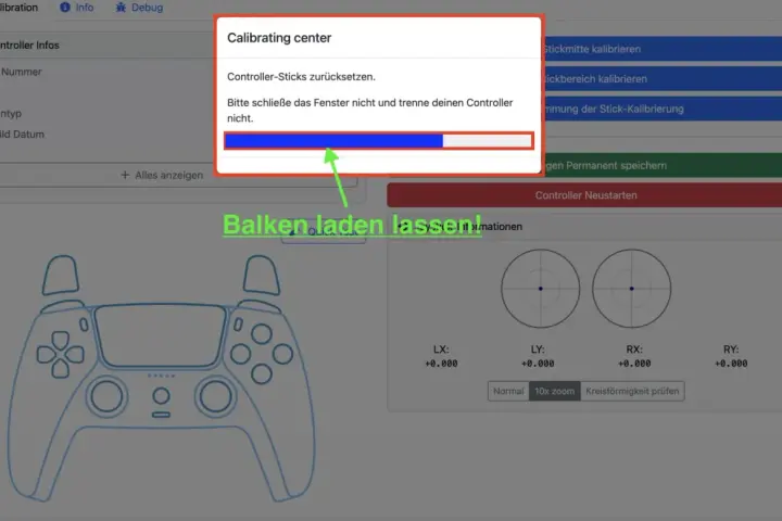 PS5 Controller kalibrieren: Fortschrittsbalken wird geladen, während die Stickmitte zentriert wird. Nicht trennen!