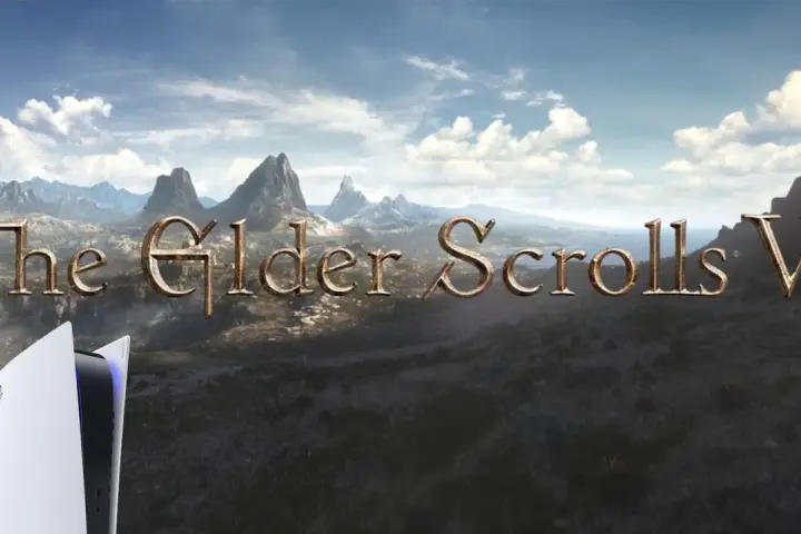 Krajobraz z gry The Elder Scrolls VI, z konsolą PS5 na pierwszym planie.