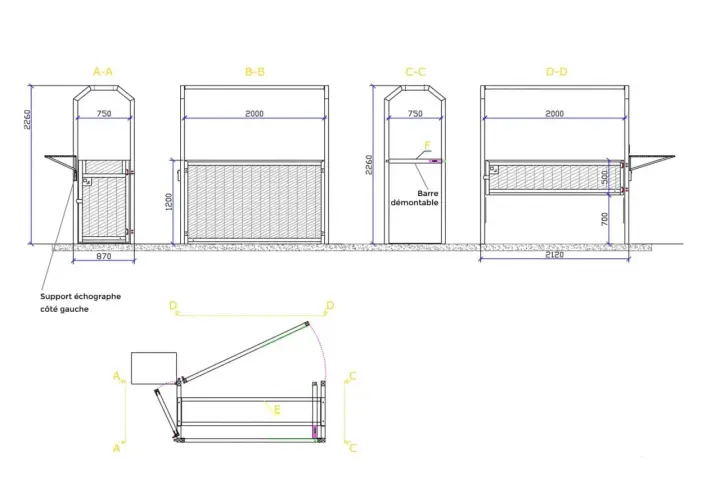 Plans techniques d'une barre échographie pour jument, avec support et barre démontable.