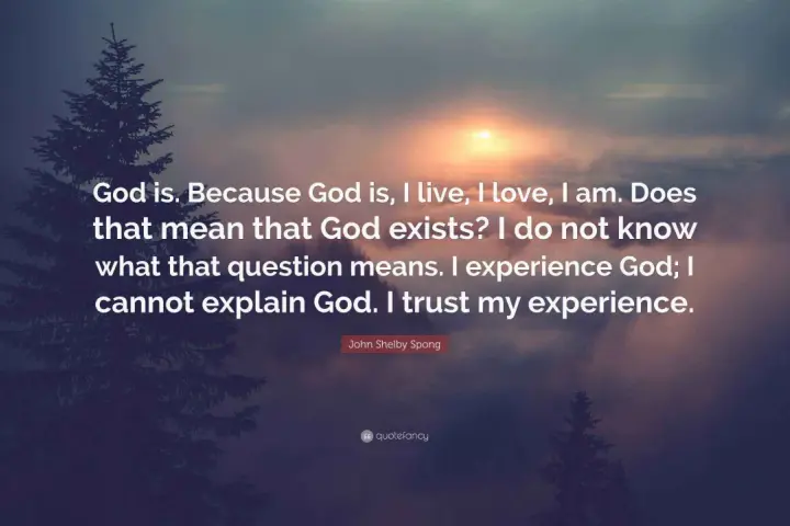 Silhouette of a pine tree against a sunset sky with the quote: "God is. Because God is, I live, I love, I am. Does that mean that God exists? I do not know what that question means. I experience God; I cannot explain God. I trust my experience." - John...