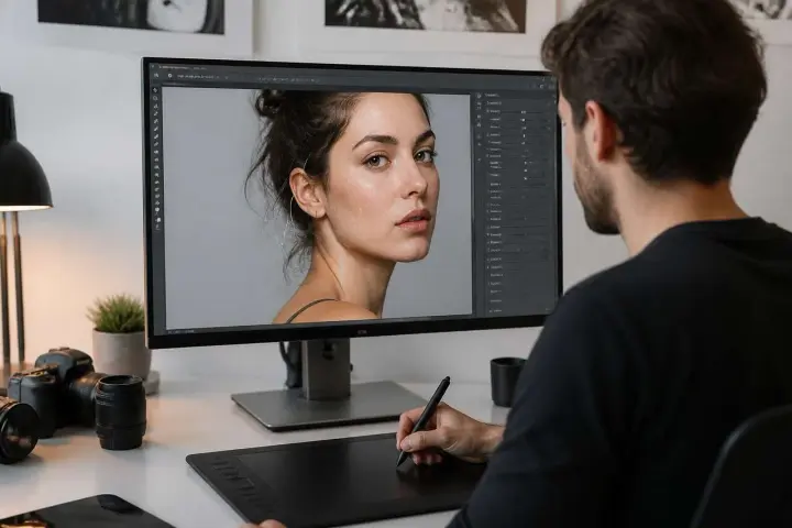Un homme retouche un portrait sur Photoshop, utilisant un outil fluidité pour peaufiner les détails du visage.