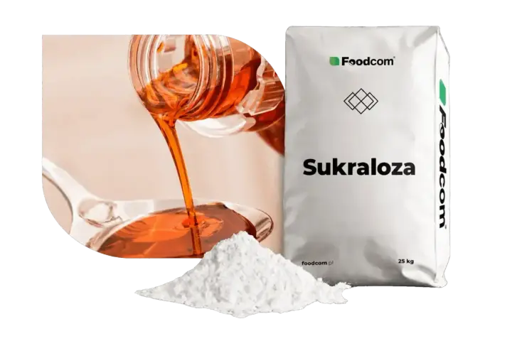 Słodzik sukraloza w proszku i płynie, obok białego worka z napisem "Sukraloza".